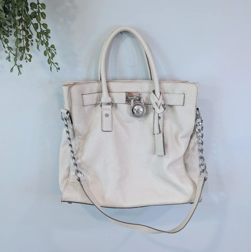 Michael Kors hamilton Safiano Ivory Leather Tote with Silver Lock And Chain
